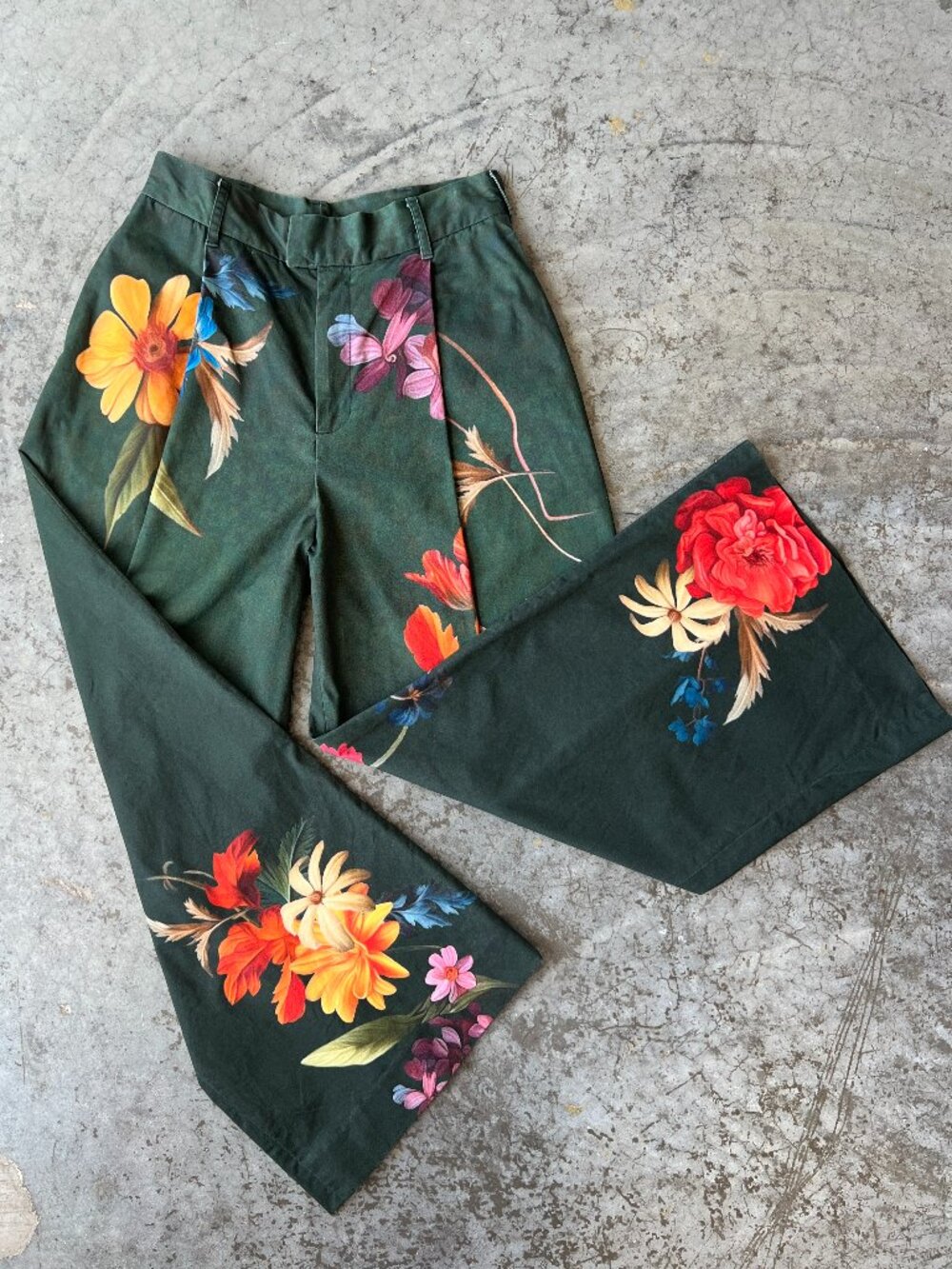 THE KIT NYC Floral Wide Leg Trousers High Rise Green Garden Plant Mom Art Boho 8